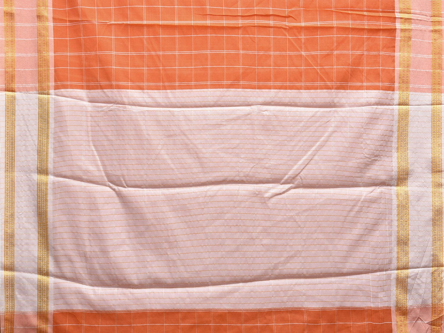 Orange and White Bamboo Cotton Saree with Big Checks Design No Blouse bc0638