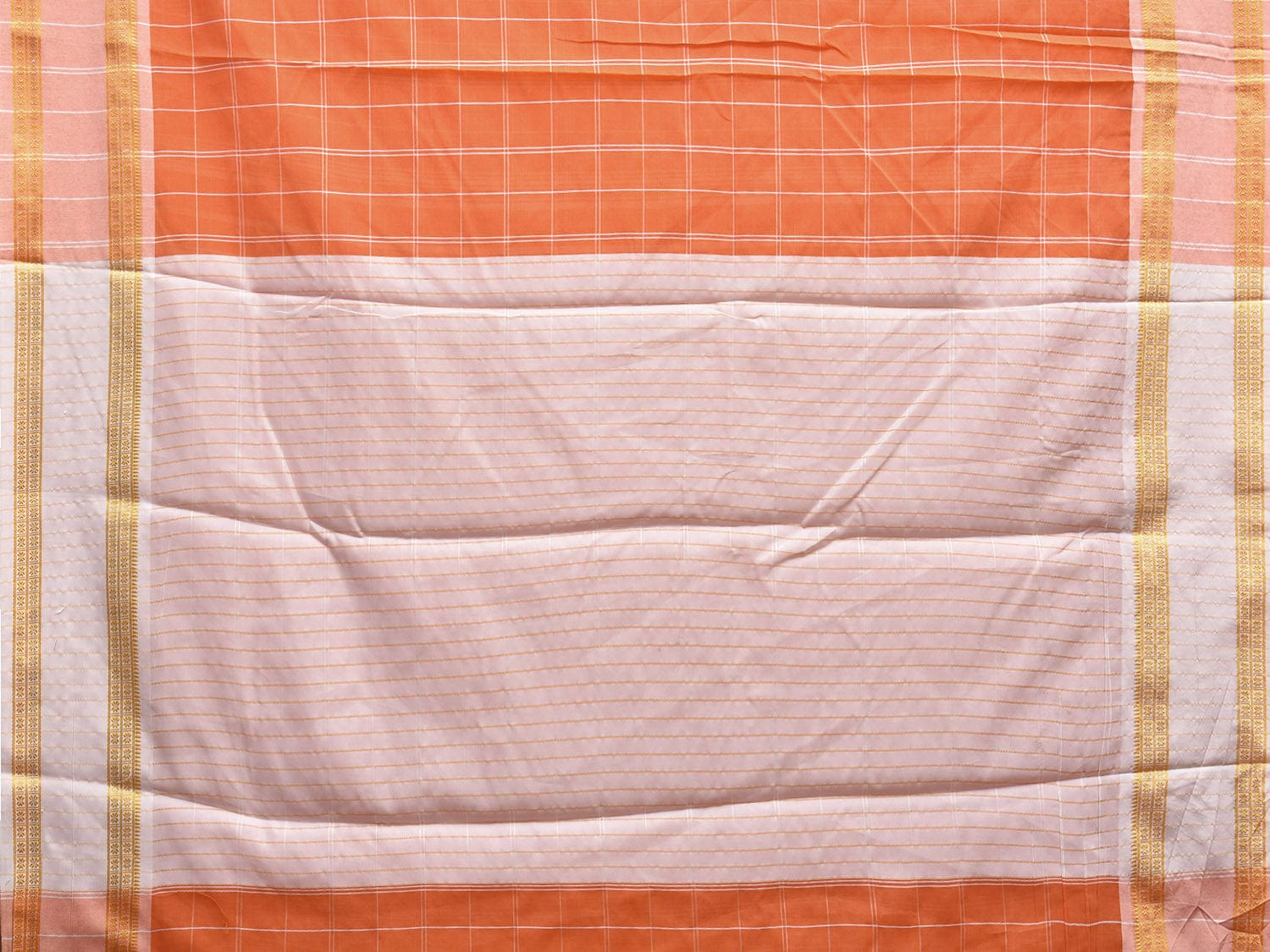 Orange and White Bamboo Cotton Saree with Big Checks Design No Blouse bc0638