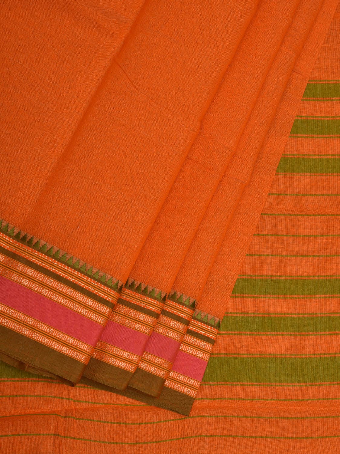 Orange Bamboo Cotton Plain Saree with Narayanpet Border Design No Blouse o0343