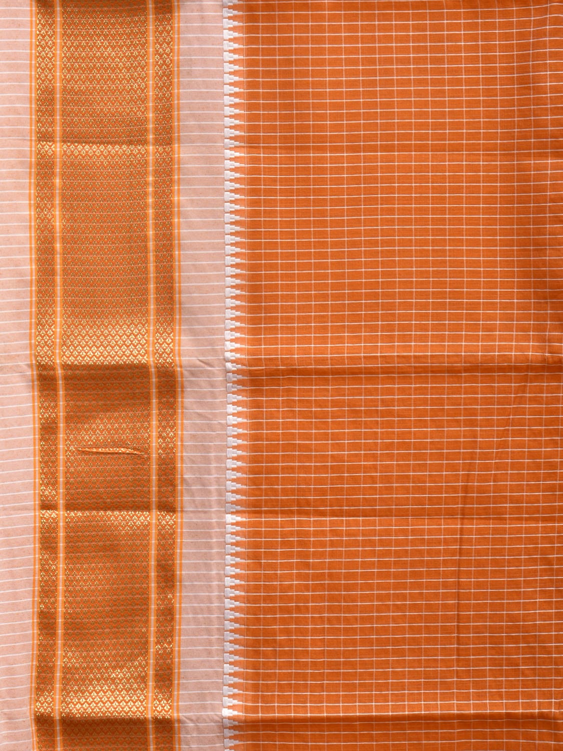 Orange Bamboo Cotton Saree with Checks Design No Blouse bc0290
