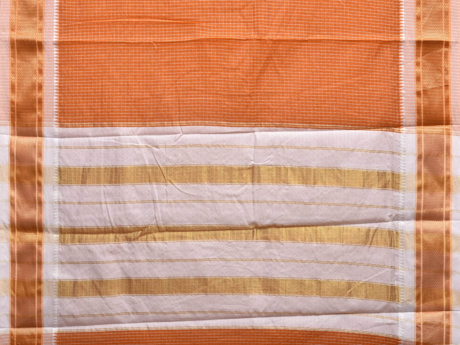 Orange Bamboo Cotton Saree with Checks Design No Blouse bc0290