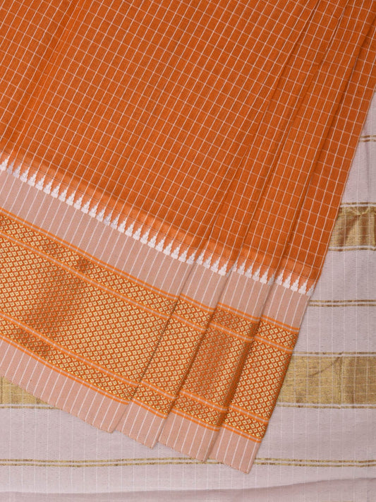 Orange Bamboo Cotton Saree with Checks Design No Blouse bc0290