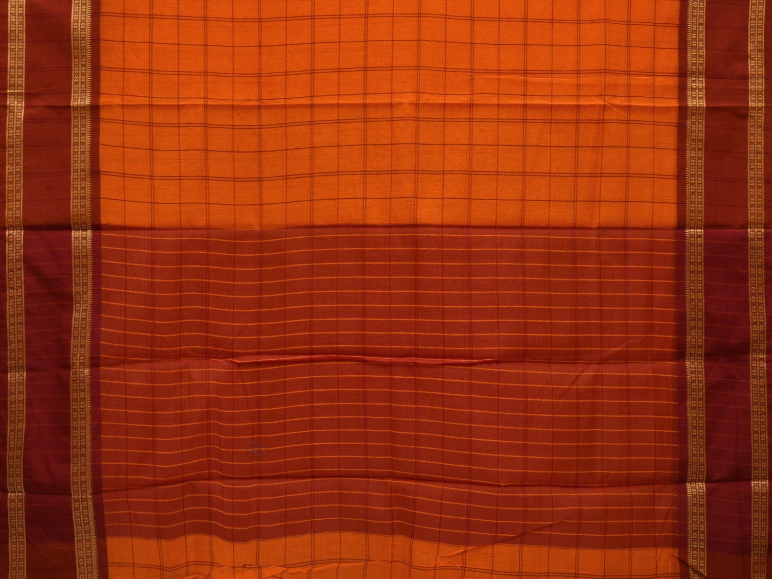 Orange Bamboo Cotton Saree with Checks Design No Blouse o0356