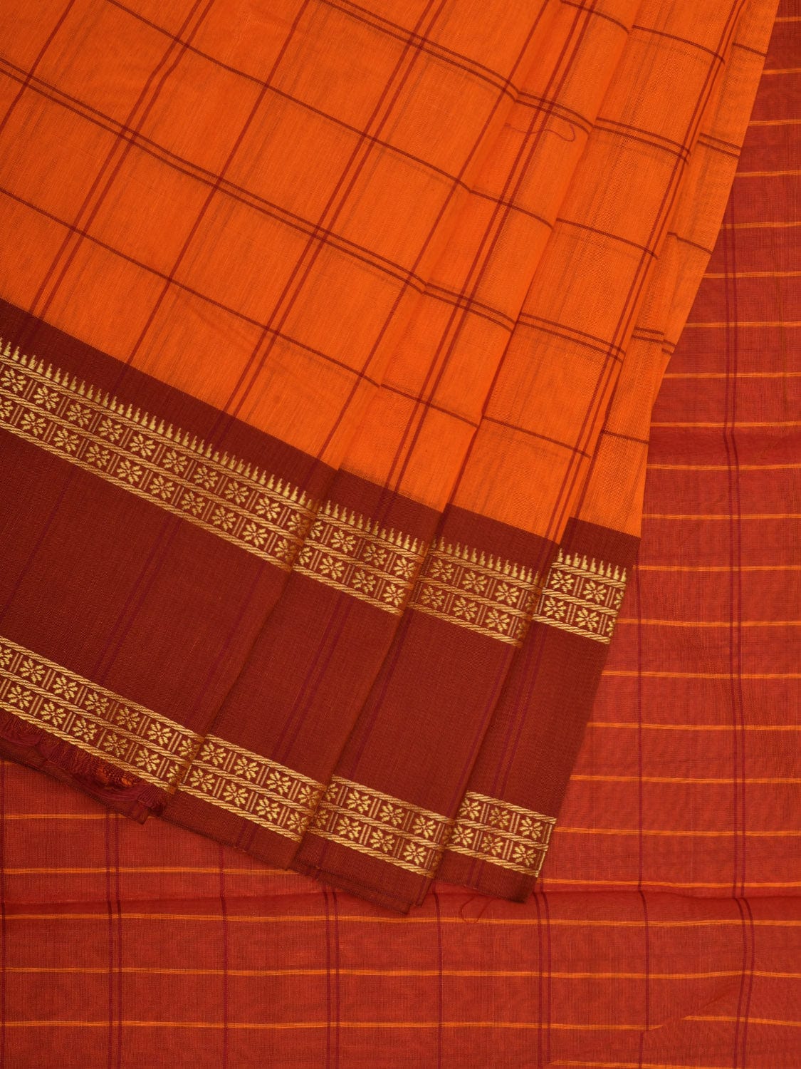 Orange Bamboo Cotton Saree with Checks Design No Blouse o0356