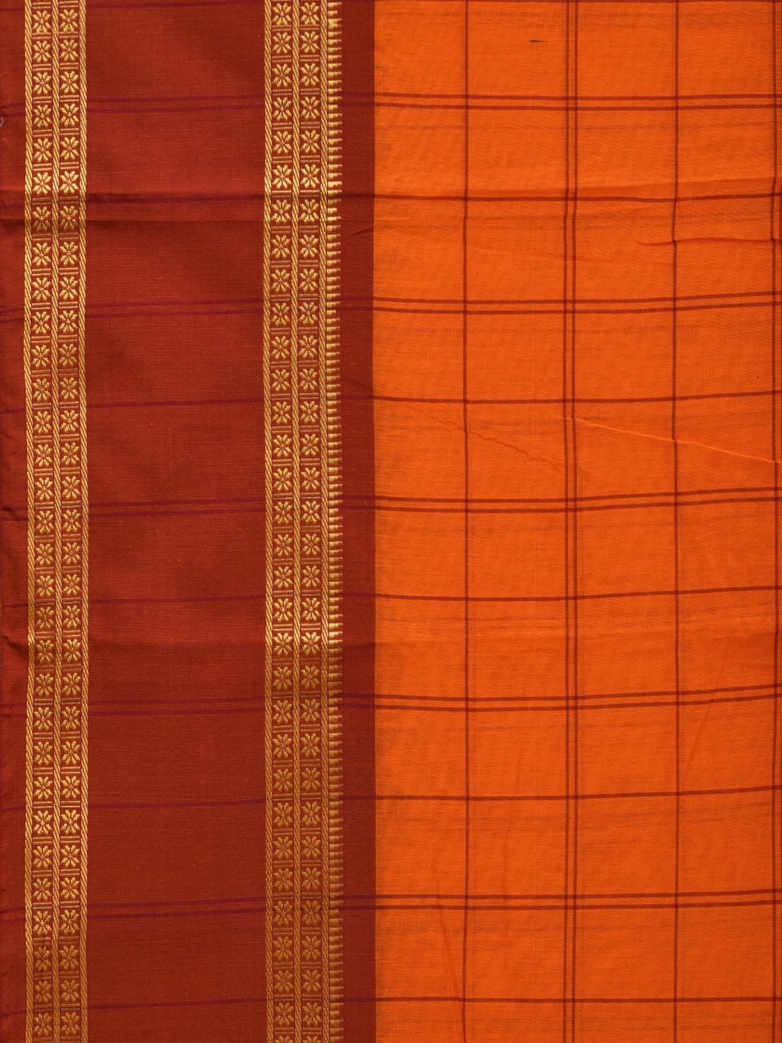 Orange Bamboo Cotton Saree with Checks Design No Blouse o0356