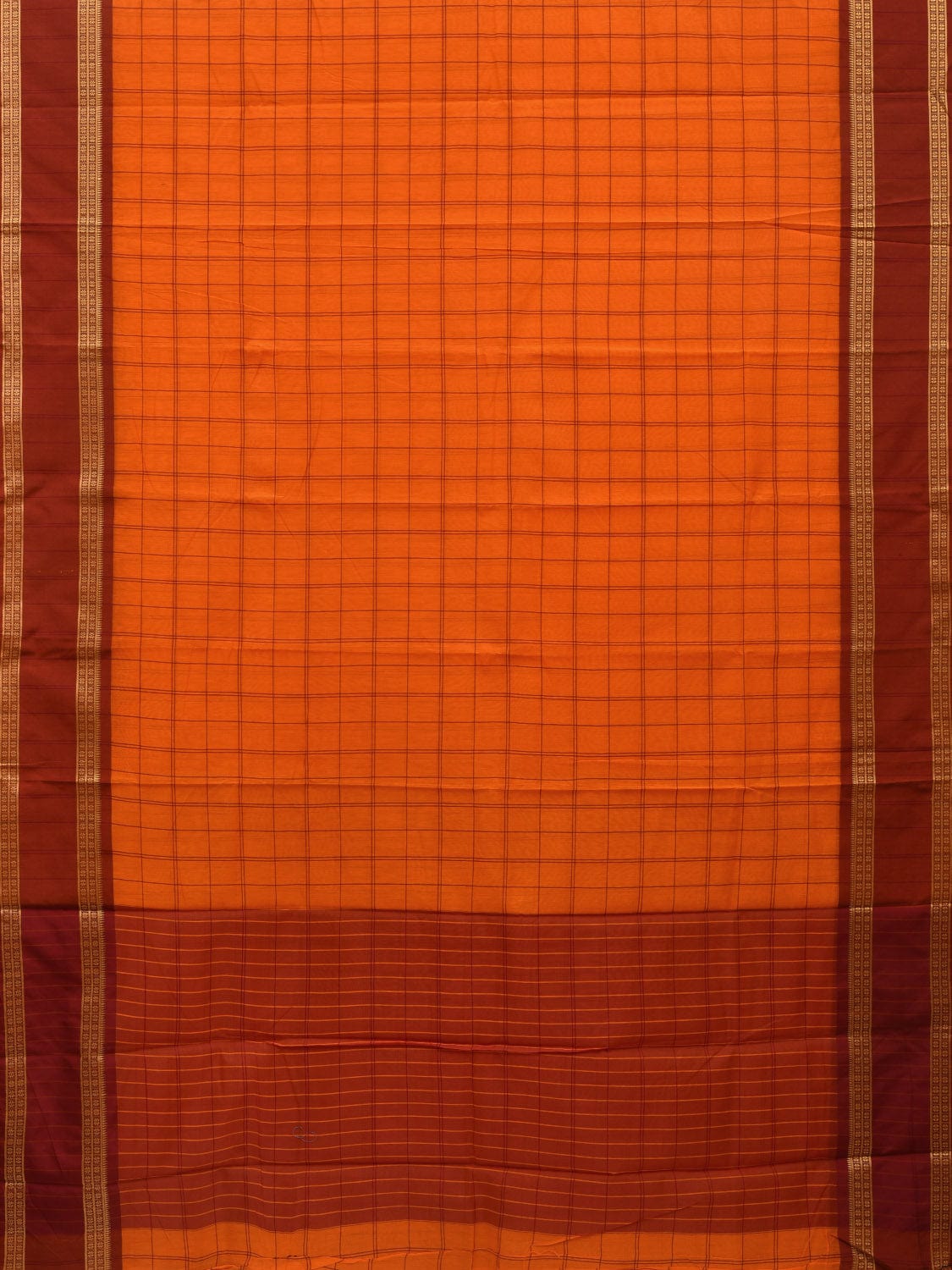 Orange Bamboo Cotton Saree with Checks Design No Blouse o0356