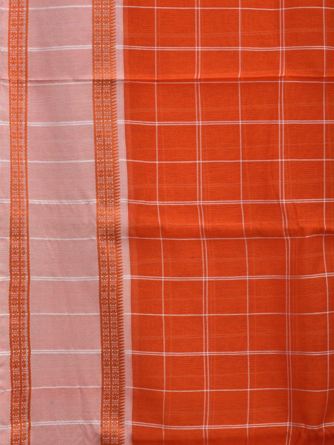 Orange Bamboo Cotton Saree with Checks Design No Blouse o0363