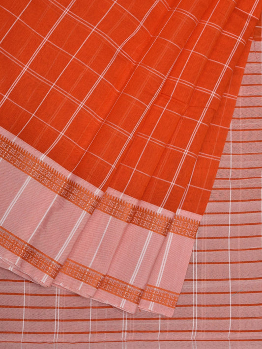 Orange Bamboo Cotton Saree with Checks Design No Blouse o0363