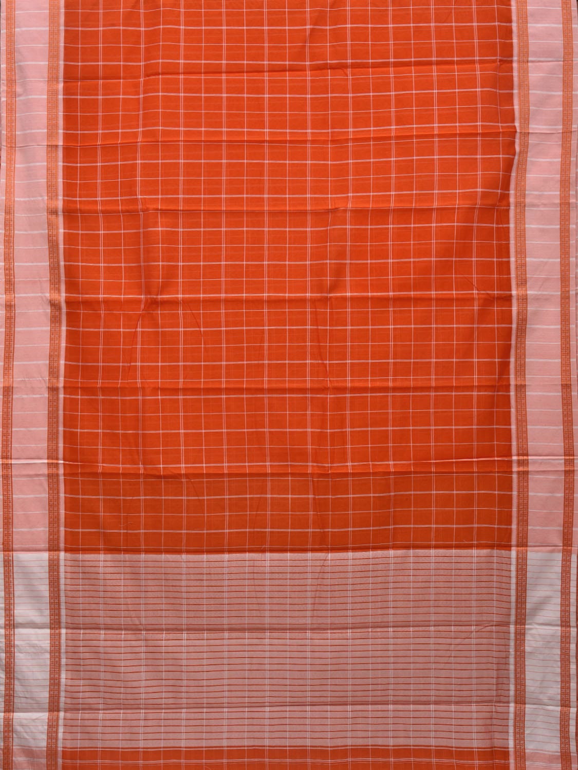 Orange Bamboo Cotton Saree with Checks Design No Blouse o0363