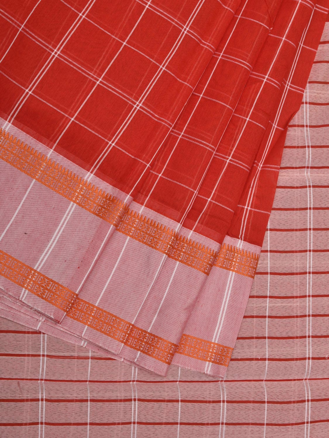 Orange Bamboo Cotton Saree with Checks Design No Blouse o0364