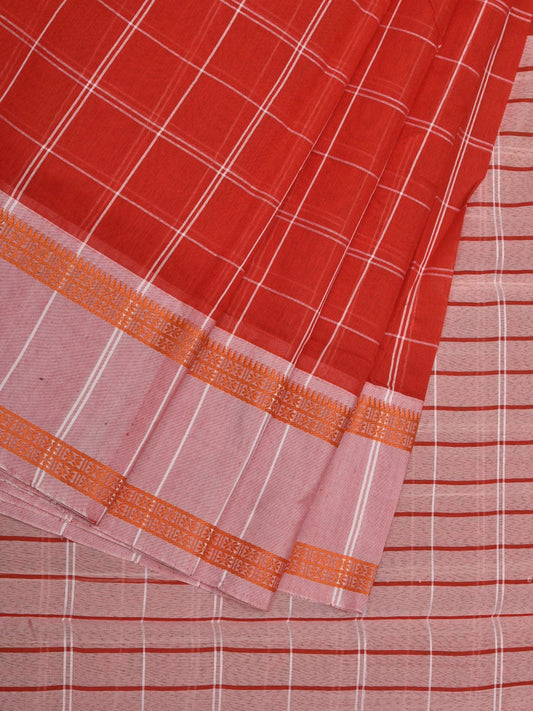 Orange Bamboo Cotton Saree with Checks Design No Blouse o0364