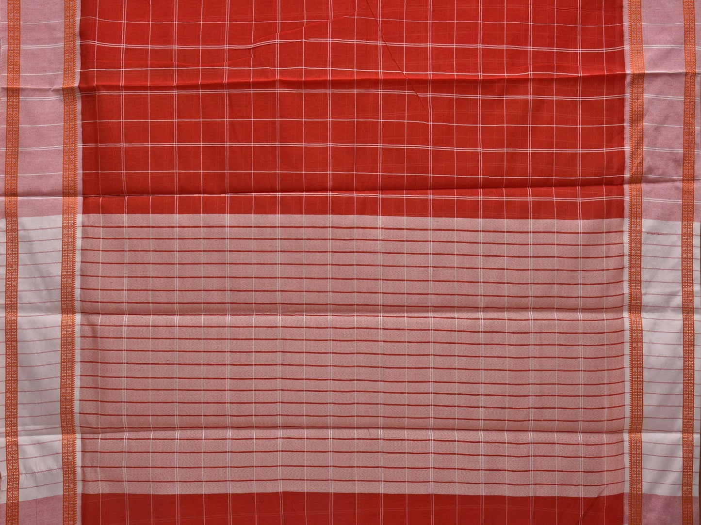 Orange Bamboo Cotton Saree with Checks Design No Blouse o0364