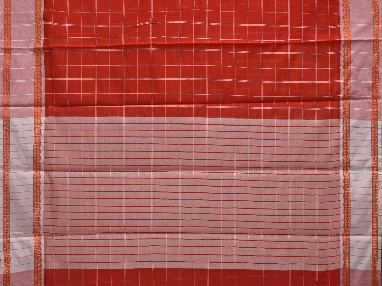 Orange Bamboo Cotton Saree with Checks Design No Blouse o0364