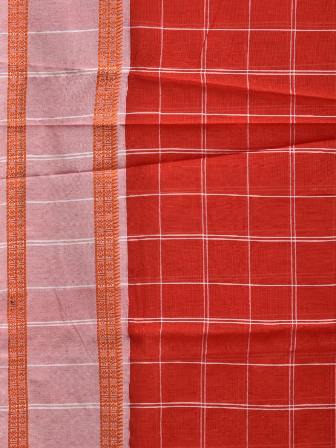 Orange Bamboo Cotton Saree with Checks Design No Blouse o0364