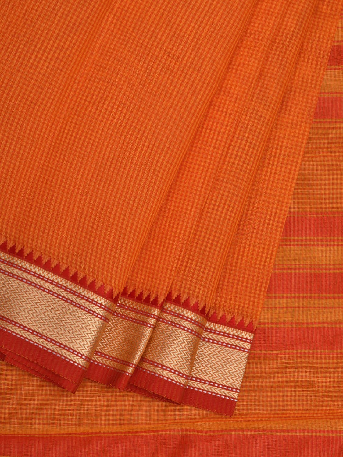 Orange Bamboo Cotton Saree with Small Checks Design No Blouse o0357