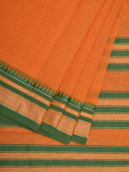 Orange Bamboo Cotton Saree with Small Checks Design No Blouse o0359