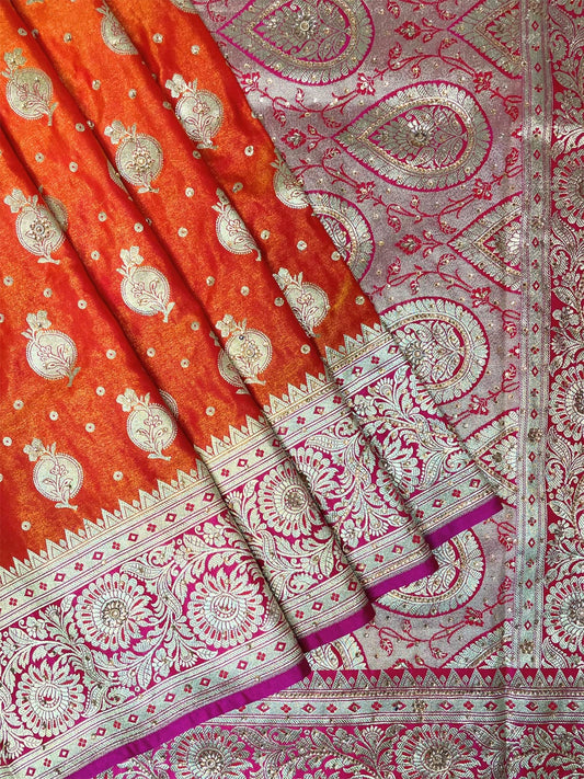Orange Banaras Katan Silk Saree with Body Butti and Border Design b0362s