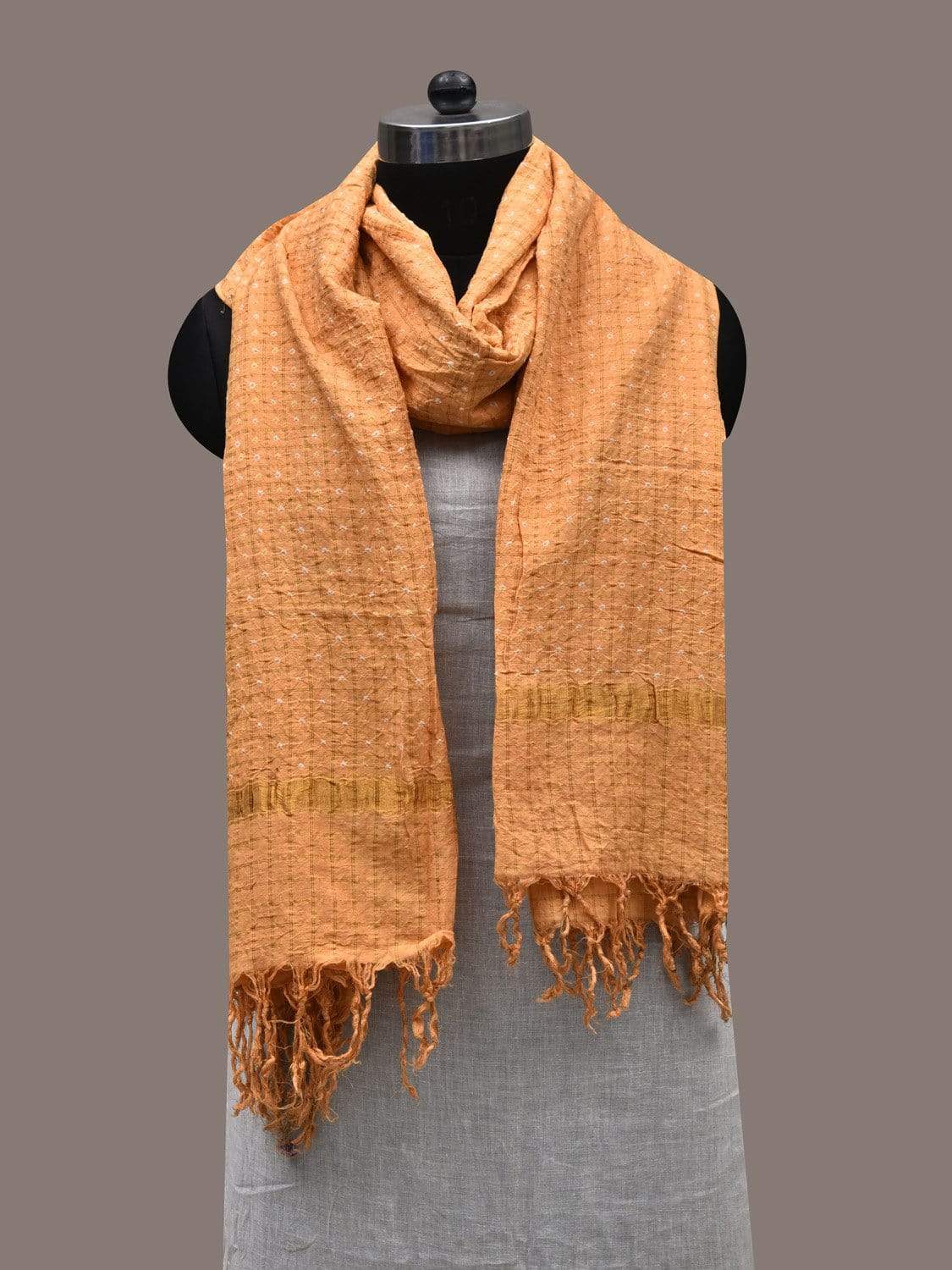 Orange Bandhani Cotton Handloom Dupatta with Zari Checks Design ds2505