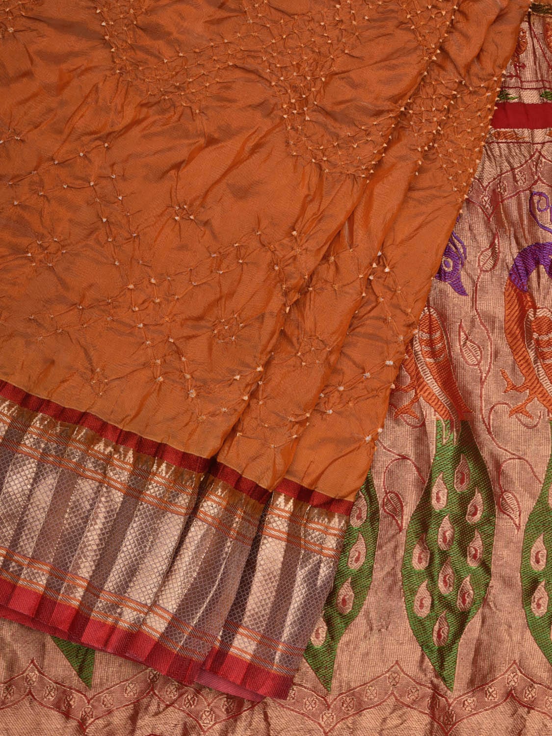 Orange Bandhani Paithani Silk Handloom Saree with Peacocks Pallu Design bn0375