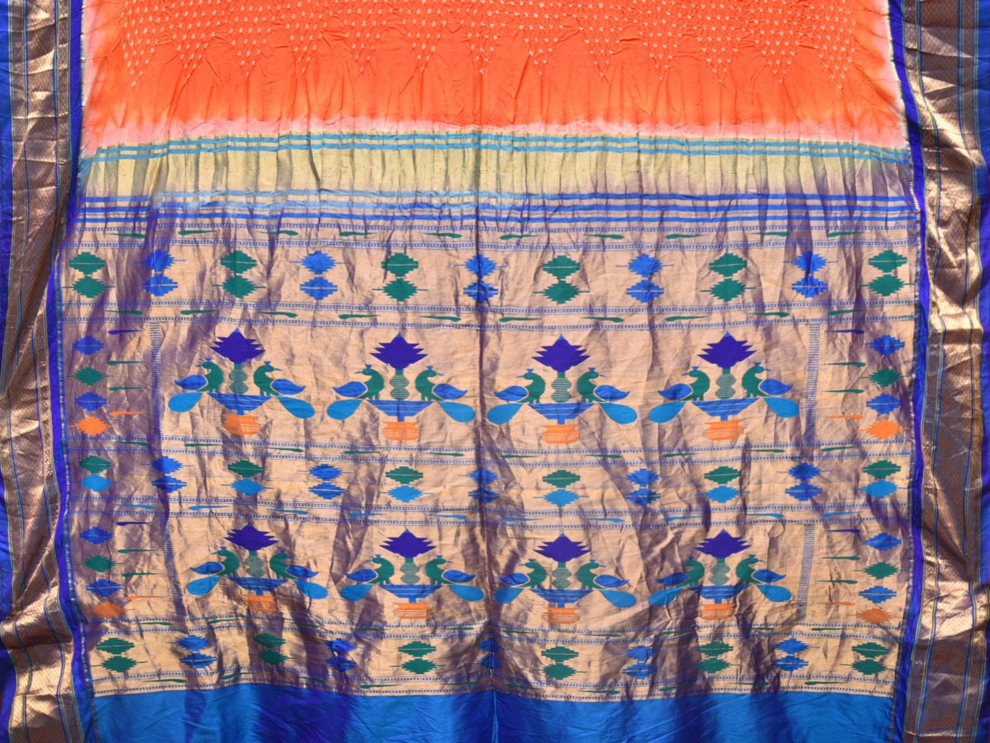 Orange Bandhani Paithani Silk Handloom Saree with Peacocks Pallu Design bn0488