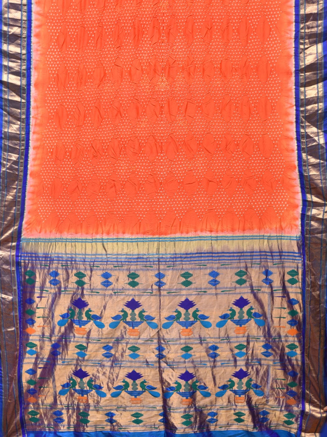 Orange Bandhani Paithani Silk Handloom Saree with Peacocks Pallu Design bn0488
