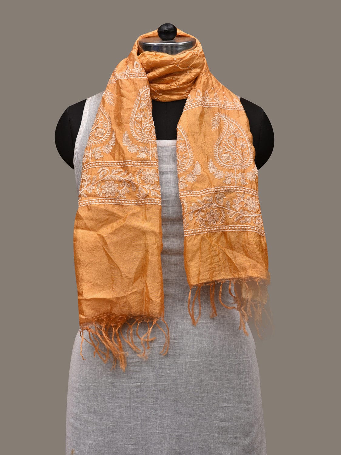 Orange Bandhani Silk Handloom Stole with Mango Design ds2904