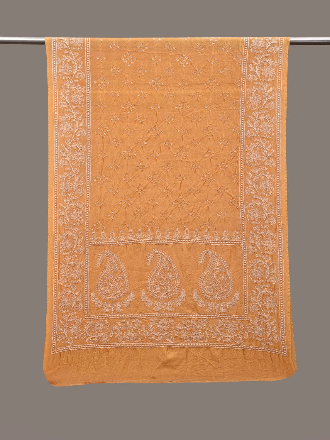 Orange Bandhani Silk Handloom Stole with Mango Design ds2904
