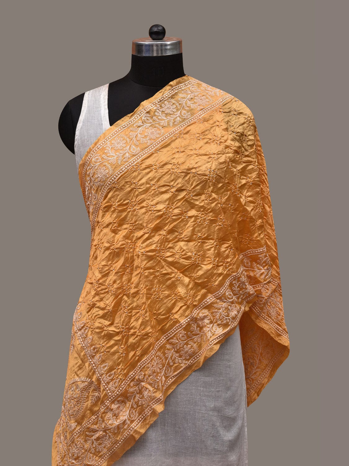 Orange Bandhani Silk Handloom Stole with Mango Design ds2904