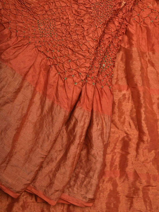 Orange Bandhani Uppada Silk Handloom Saree with Nilambari Buta Design bn0307