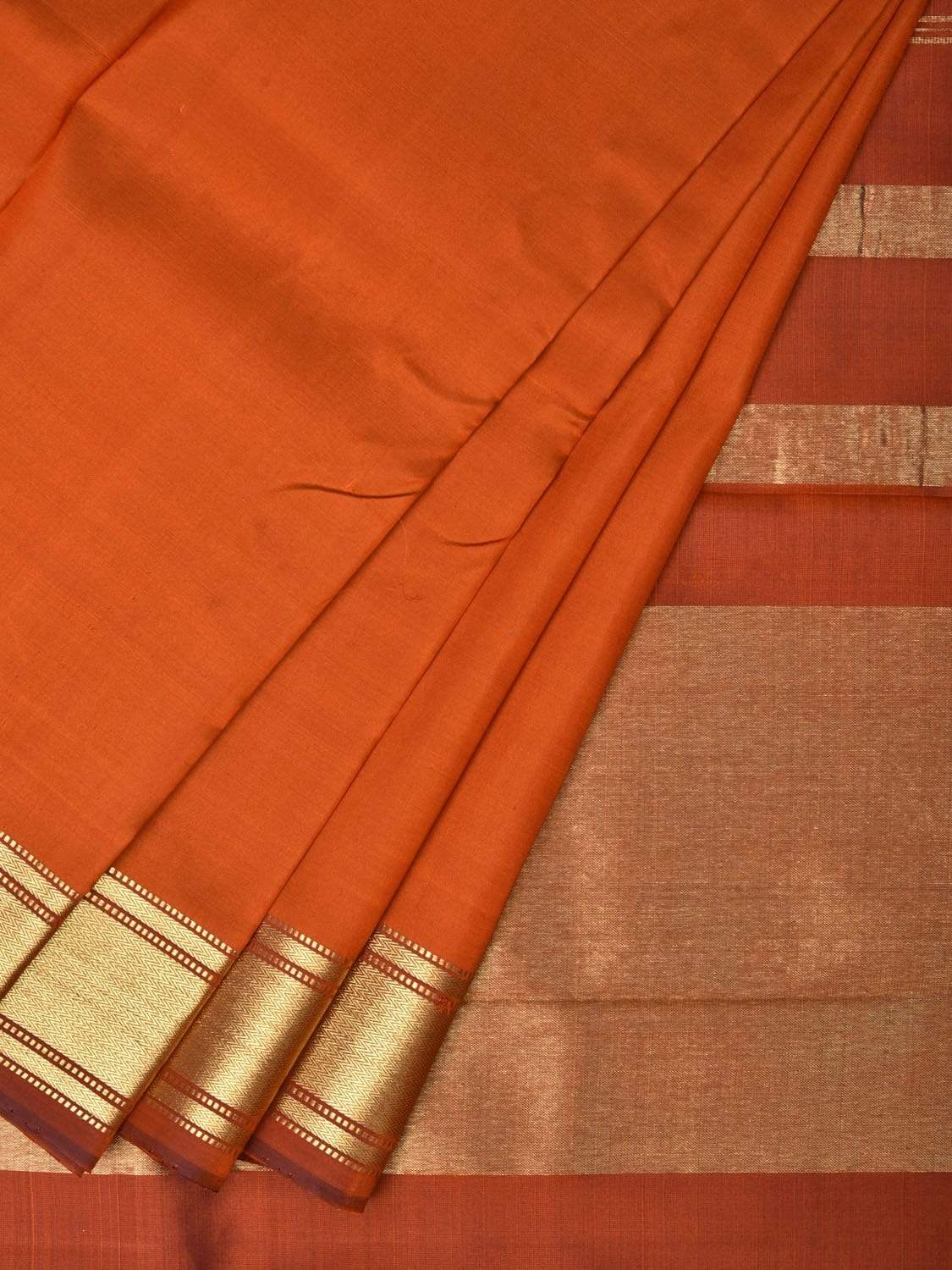 Orange Gadwal Silk Handloom Plain Saree with Zari Strips Pallu Design g0270