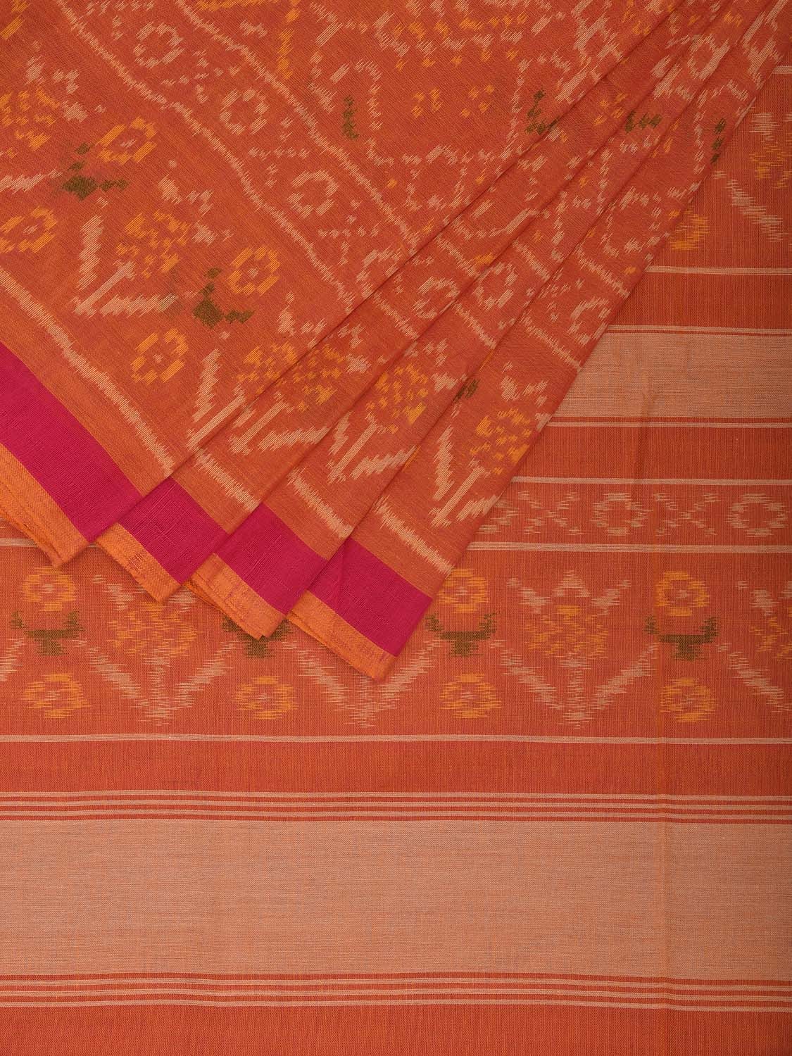 Orange Ikat Cotton Handloom Saree with All Over Grill Design i0884