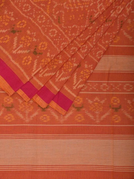Orange Ikat Cotton Handloom Saree with All Over Grill Design i0884
