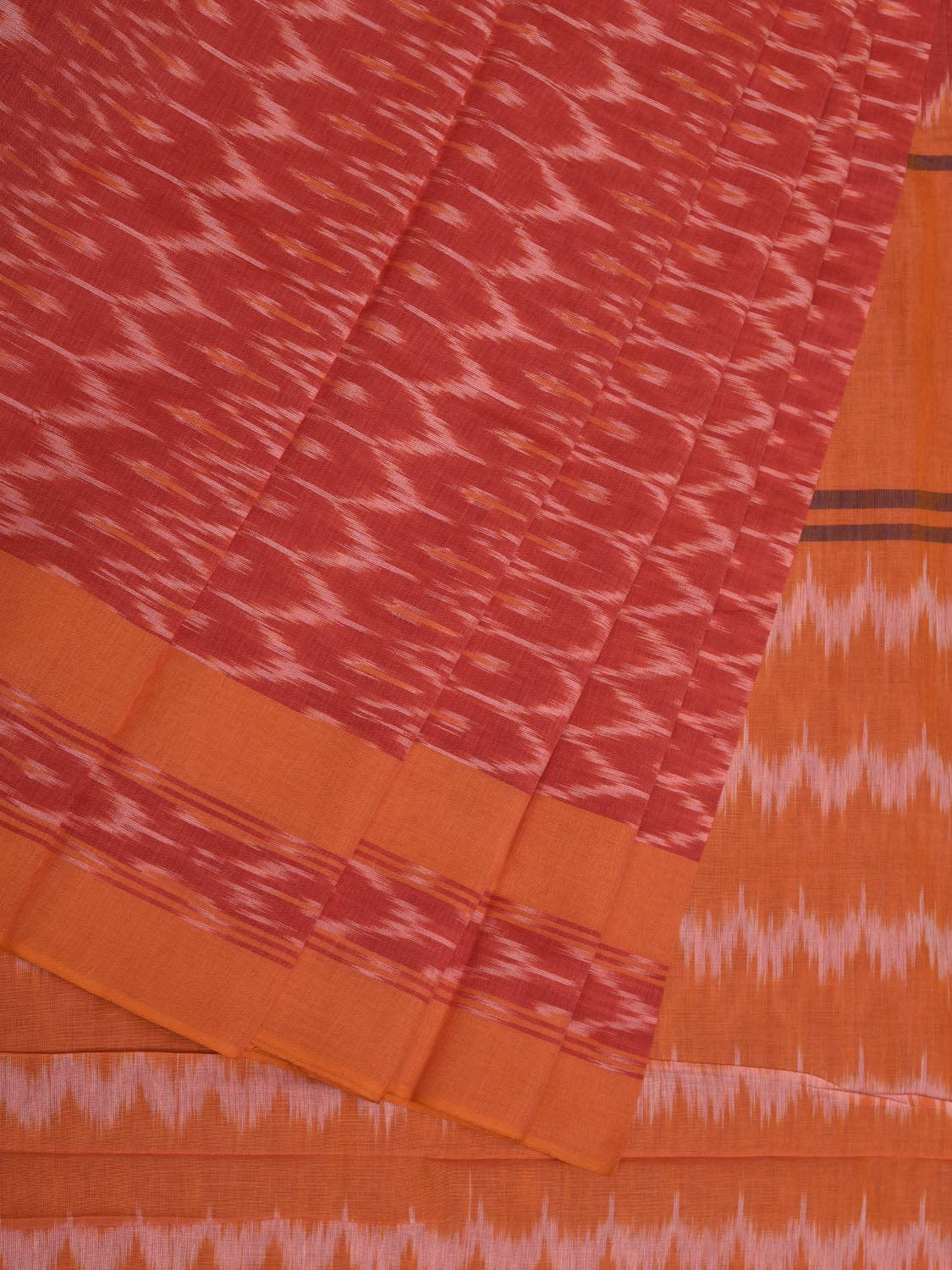 Orange Ikat Cotton Handloom Saree with Grill Design No Blouse i0719