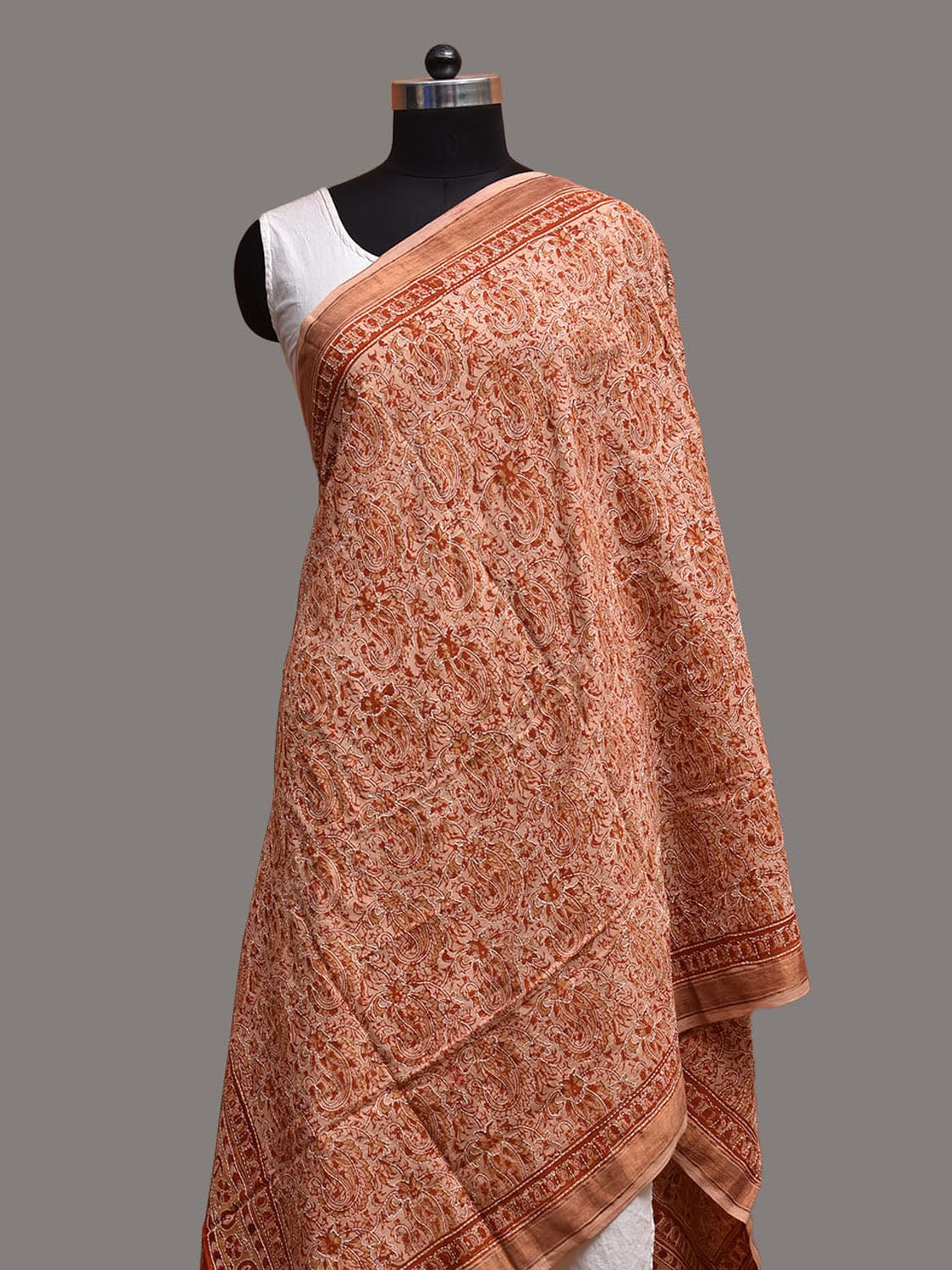 Orange Kalamkari Block Print Cotton Dupatta with Mango and Kantha Work Design ds3754