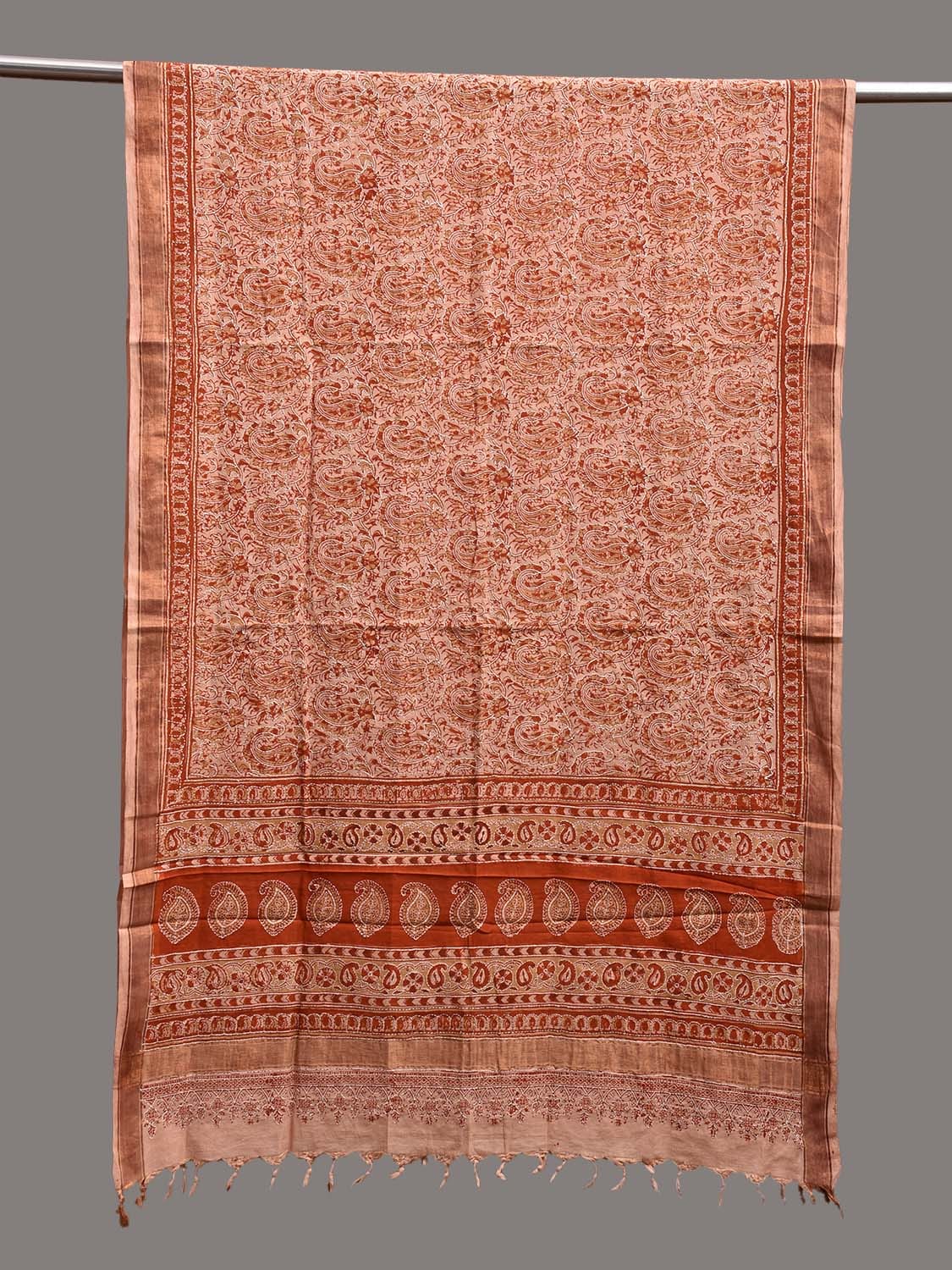 Orange Kalamkari Block Print Cotton Dupatta with Mango and Kantha Work Design ds3754