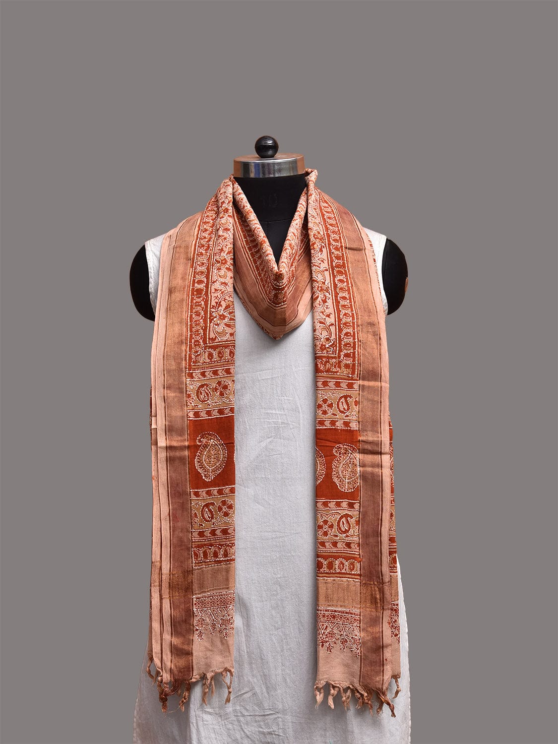 Orange Kalamkari Block Print Cotton Dupatta with Mango and Kantha Work Design ds3754