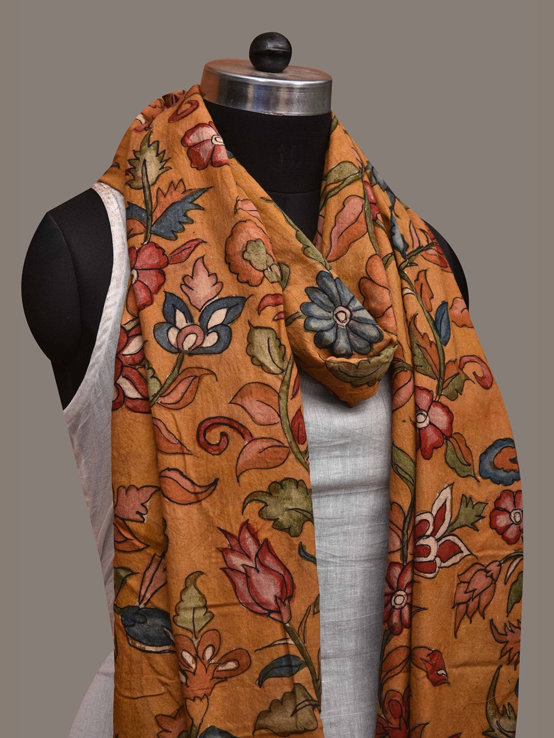 Orange Kalamkari Hand Painted Cotton Handloom Dupatta with Floral and Doby Border Design ds3002