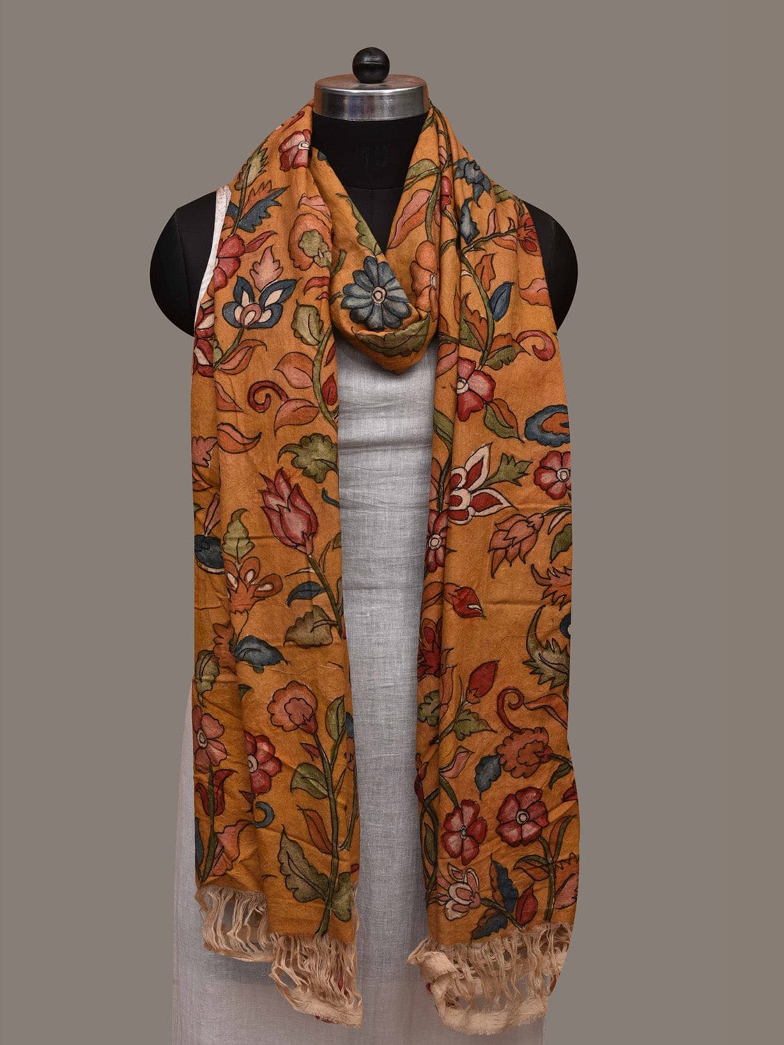 Orange Kalamkari Hand Painted Cotton Handloom Dupatta with Floral and Doby Border Design ds3002
