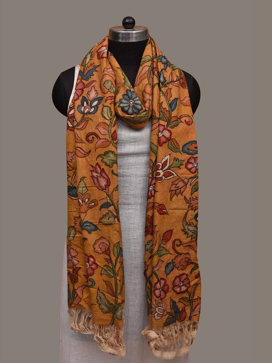 Orange Kalamkari Hand Painted Cotton Handloom Dupatta with Floral and Doby Border Design ds3002
