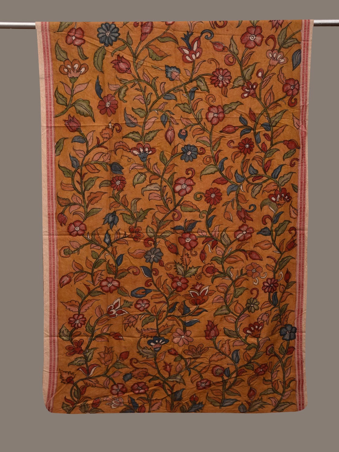Orange Kalamkari Hand Painted Cotton Handloom Dupatta with Floral and Doby Border Design ds3002