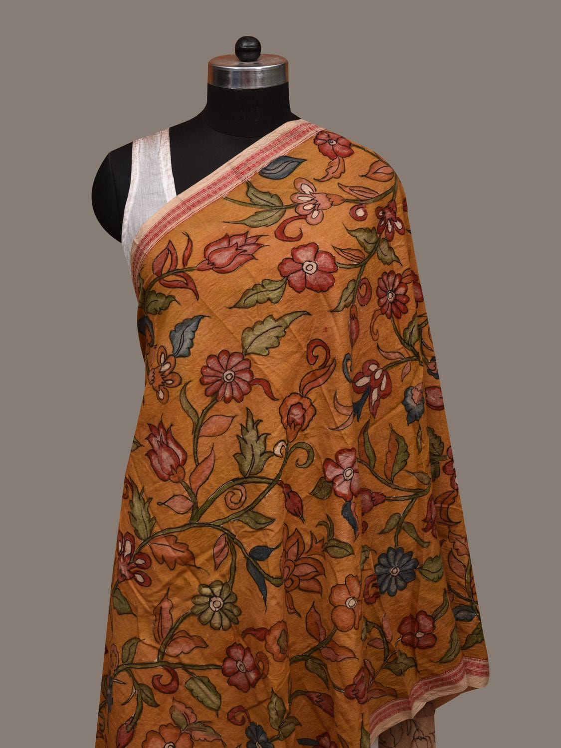Orange Kalamkari Hand Painted Cotton Handloom Dupatta with Floral and Doby Border Design ds3002