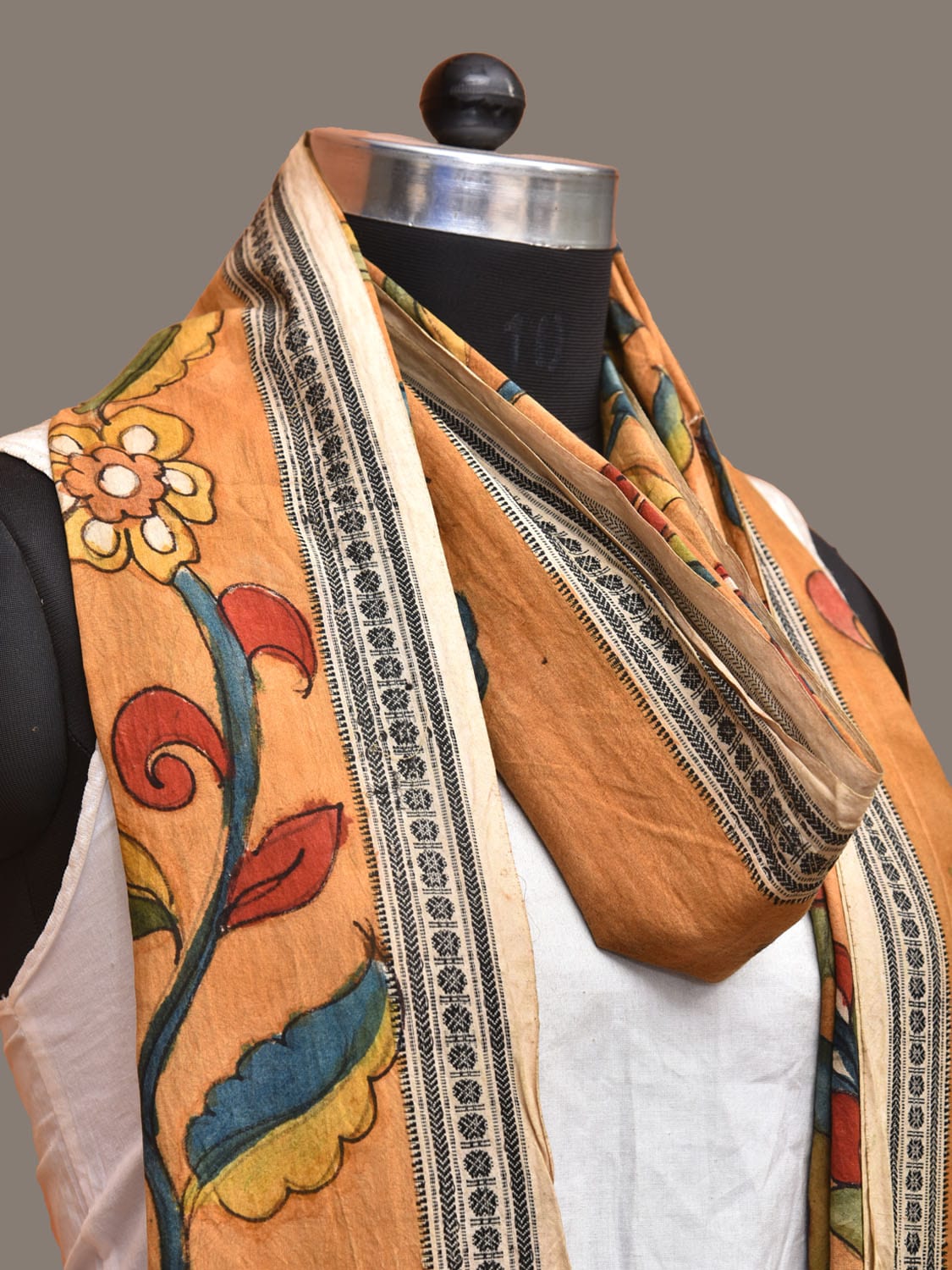 Orange Kalamkari Hand Painted Cotton Handloom Dupatta with Floral Design ds3274