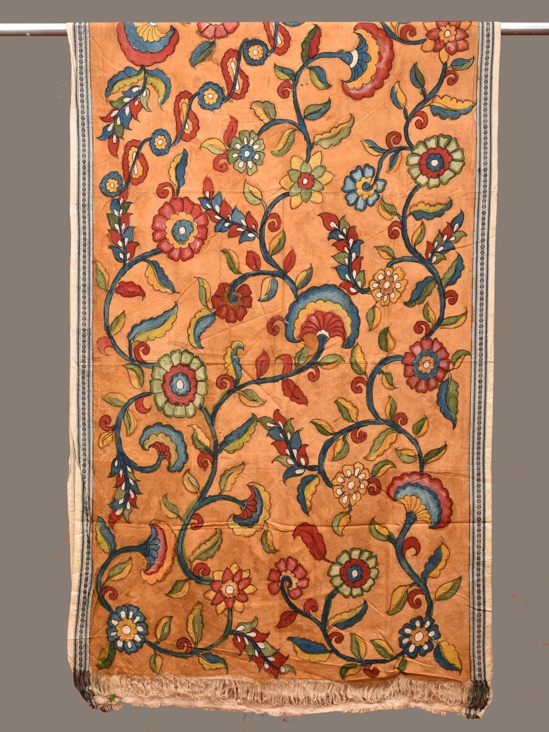 Orange Kalamkari Hand Painted Cotton Handloom Dupatta with Floral Design ds3274