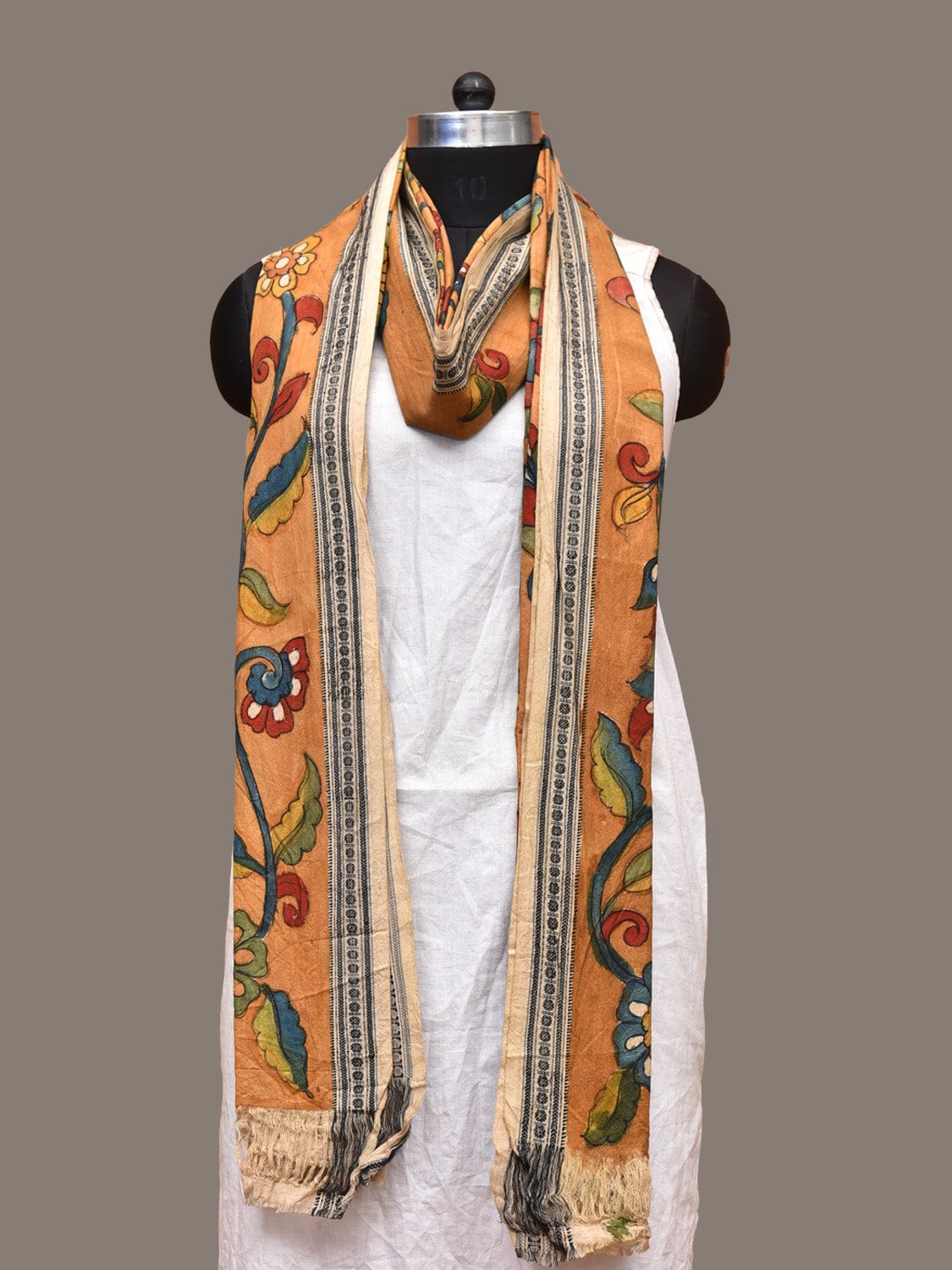 Orange Kalamkari Hand Painted Cotton Handloom Dupatta with Floral Design ds3274