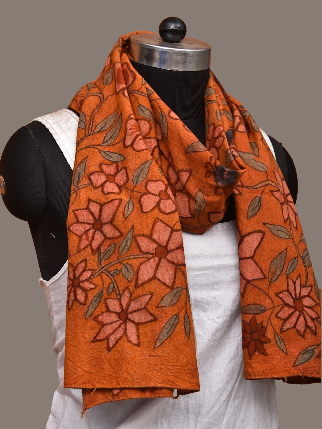 Orange Kalamkari Hand Painted Cotton Handloom Stole with Floral and Peacock Design ds3139