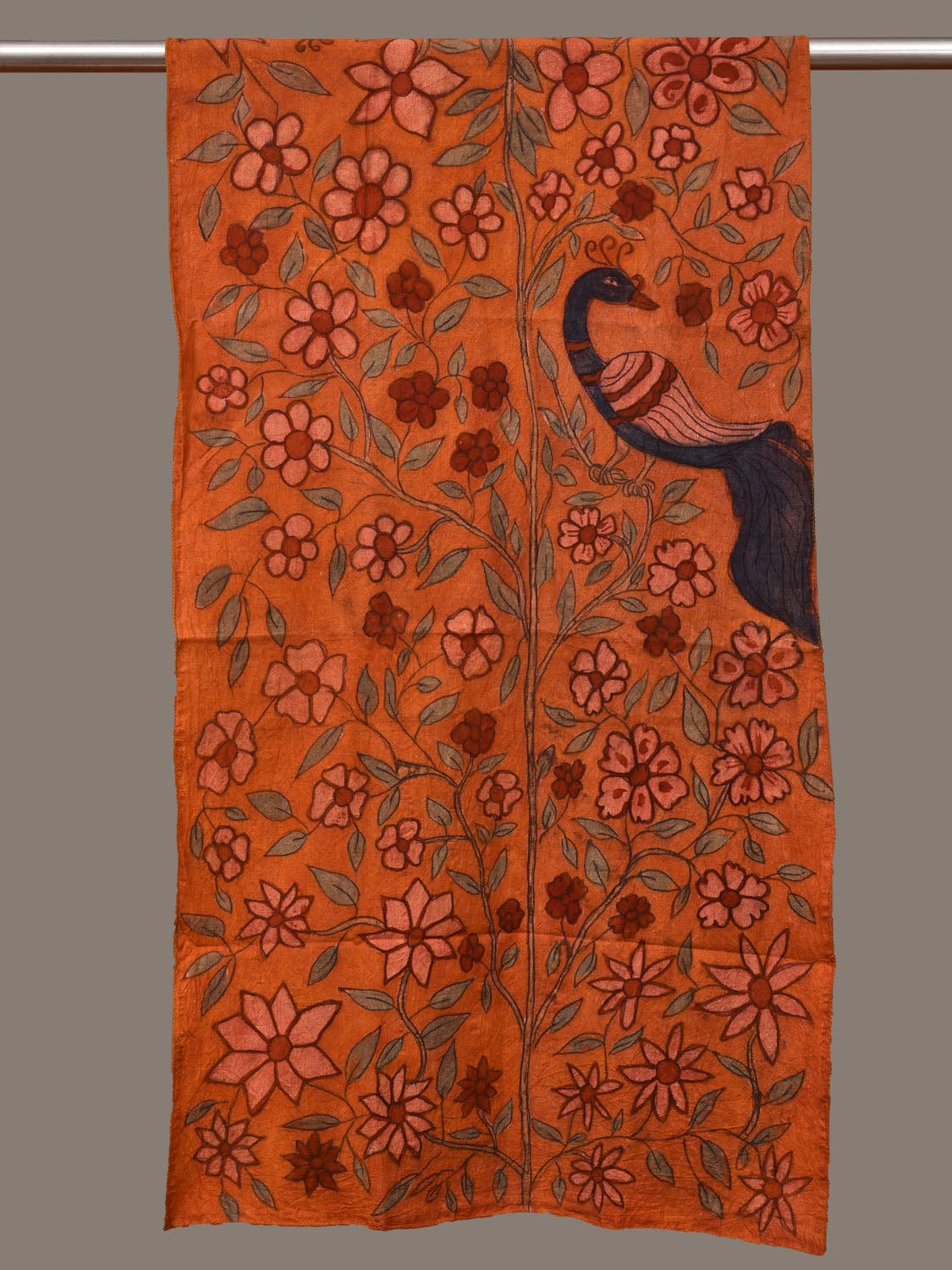 Orange Kalamkari Hand Painted Cotton Handloom Stole with Floral and Peacock Design ds3139