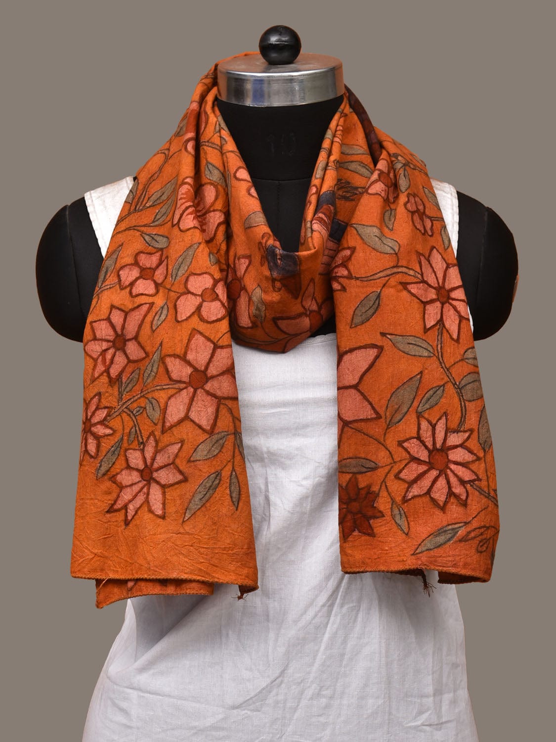 Orange Kalamkari Hand Painted Cotton Handloom Stole with Floral and Peacock Design ds3139