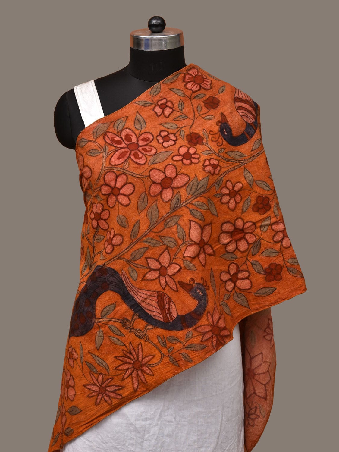 Orange Kalamkari Hand Painted Cotton Handloom Stole with Floral and Peacock Design ds3139