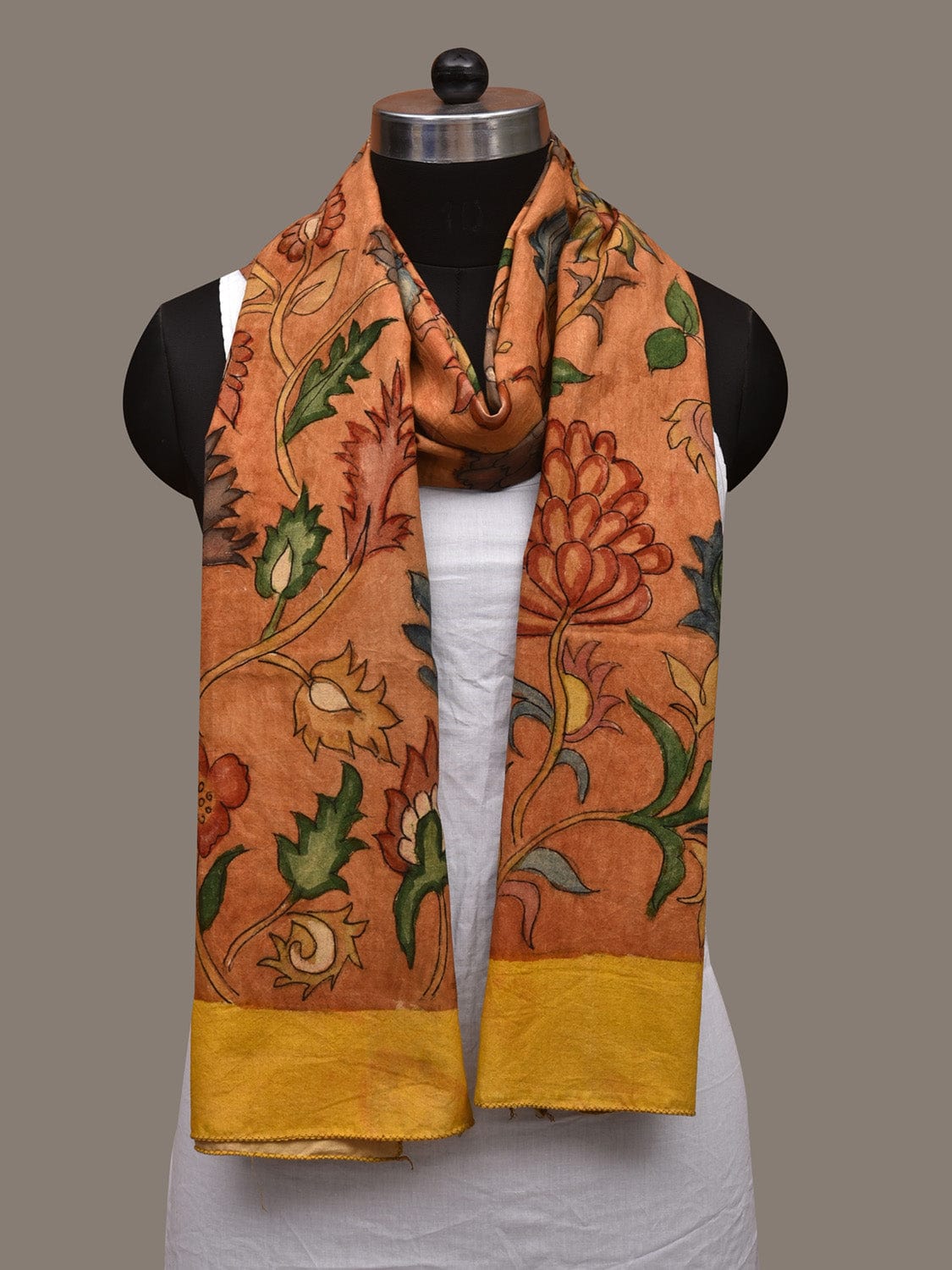 Orange Kalamkari Hand Painted Cotton Handloom Stole with Floral Design ds3033