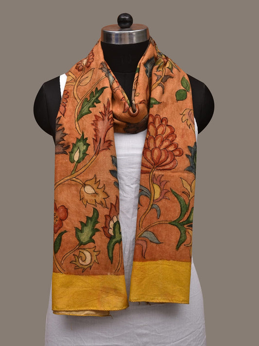 Orange Kalamkari Hand Painted Cotton Handloom Stole with Floral Design ds3033